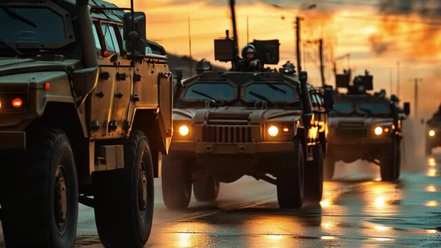 Video with armoured personnel carriers on a city street at sunset. Suitable for news stories, documentaries about military parades and exercises.
