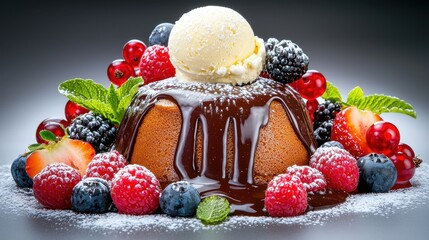 Decadent chocolate lava cake with ice cream and berries gourmet dessert close-up studio lighting culinary delight