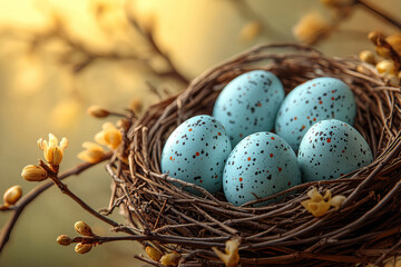Obraz premium Easter composition with colored pastel Easter eggs in nest from willow branches on a pastel yellow background.