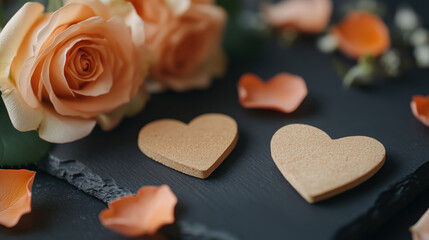Obraz premium Artistic composition of rose petals, wooden hearts, and flowers creates romantic atmosphere
