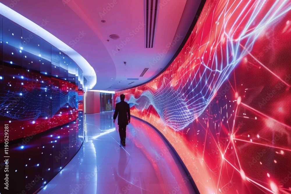 Poster a man walks through a modern hallway illuminated with bright lights and interactive digital displays