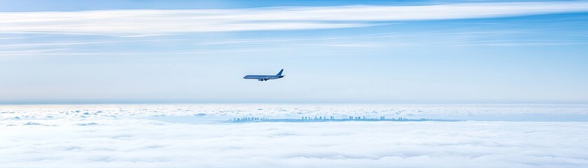 Airplane Flying Above the Clouds with City Skyline Below - Aerial Travel Concept