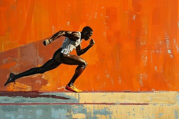 An athlete in motion, sprinting forward with determination, against a vibrant orange wall, A sense of determination in the stride of an athlete on a track