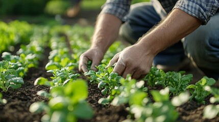 Fototapeta premium A farmer delicately tends to young spinach plants, nurturing growth in the fertile garden soil, showcasing sustainable agriculture practices