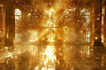 A sunlit hall with golden columns, a tree growing through the ceiling, and a floor reflecting the light, A radiant backdrop of golden hues that exude luxury and opulence