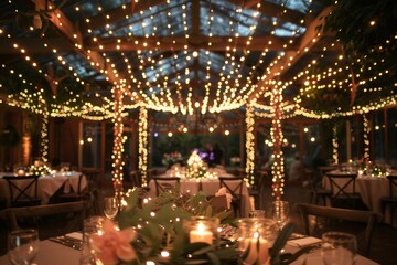 Fototapeta premium Candlelit table set for elegant garden dinner party: lush greenery, soft pink blooms, fairy lights create magical ambiance, Glittering fairy lights transforming the setting