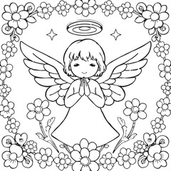 Cute cartoon character Christmas angel spread wings Coloring book page