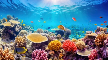 Tranquil Underwater Oasis: Vibrant Coral Reef with Colorful Fish and Sunlight