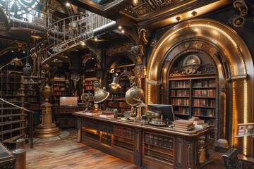 A grand steampunk library with brass fixtures and clockwork details, A steampunk library with brass fixtures and clockwork book return system