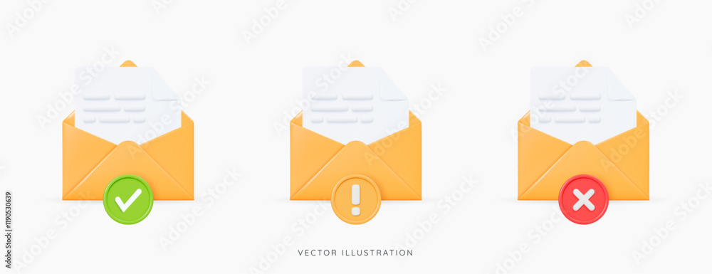Poster 3d set of open mail envelopes with check, cross and exclamation mark. yellow letter with document. r