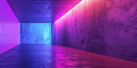 Glowing purple neon lights illuminate a sleek empty concrete corridor
