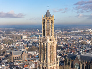 Aerial drone photo of the dom tower in the city center of Utrecht, the Netherlands.