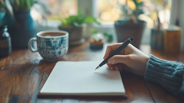 Person writing on notebook with pen, focused and thoughtful. Bright natural light illuminates the scene, creating a peaceful atmosphere.