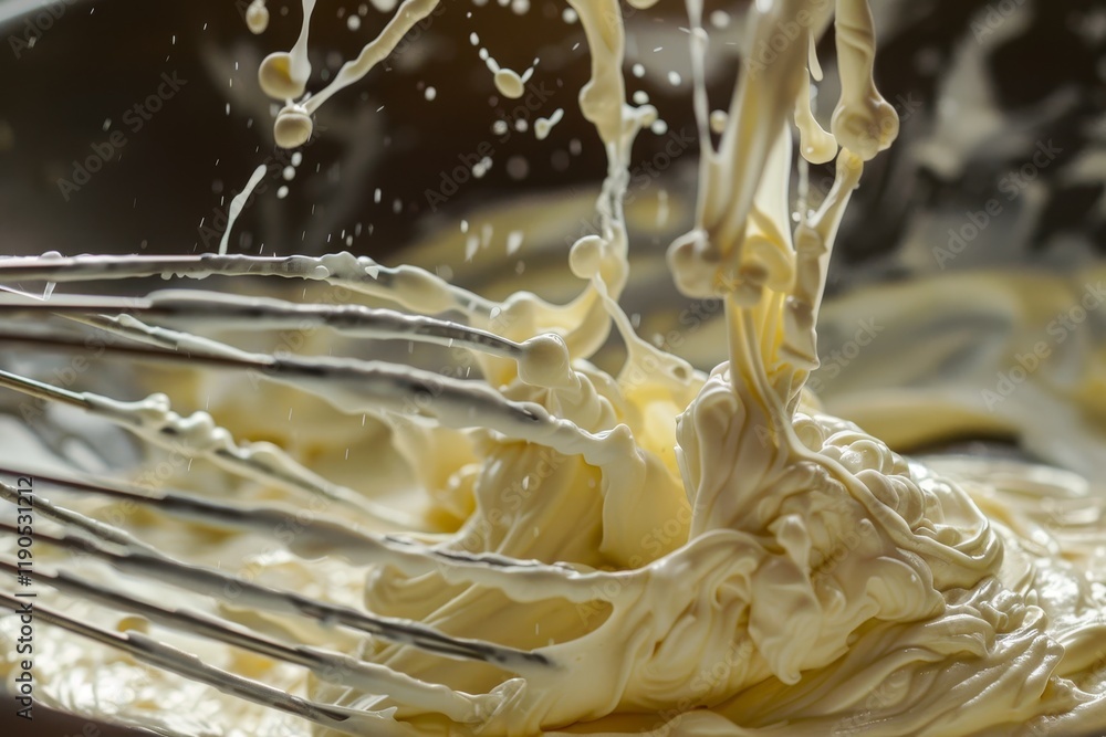 Poster a close-up shot of a whisk mixing whipped cream in a bowl, with the cream splattering and creating a