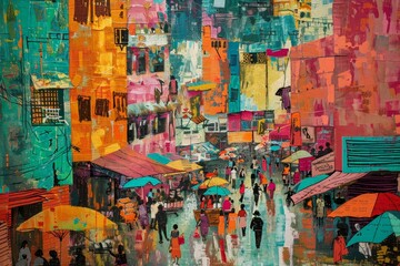 A colorful painting depicting a bustling street market with vendors and people walking through the streets, A vibrant cityscape depicting a bustling foreign market