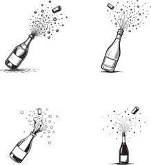 Set of hand drawn Alcohol with champagne foam bottle vector illustration for coloring page © Creative Juel 
