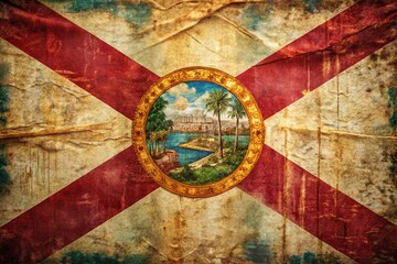 Fototapeta premium Authentic Old Florida State Flag Candid Photo - Historic Relic Close-Up
