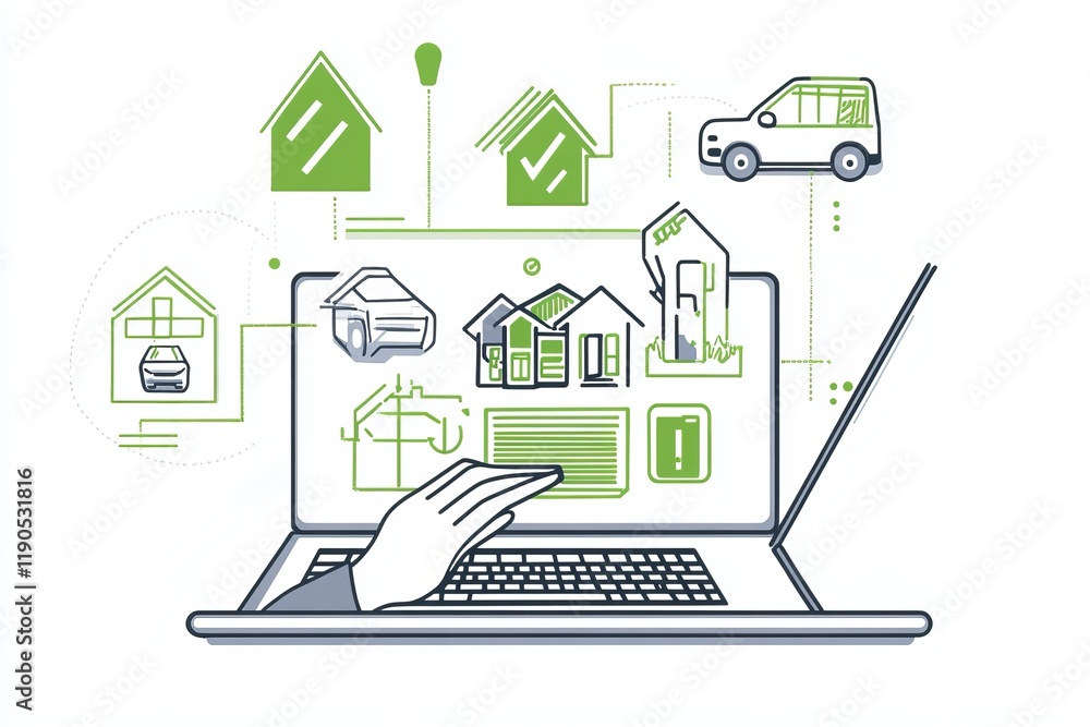Poster creating an energy performance icon minimalist style with efficient cars and homes illustrations