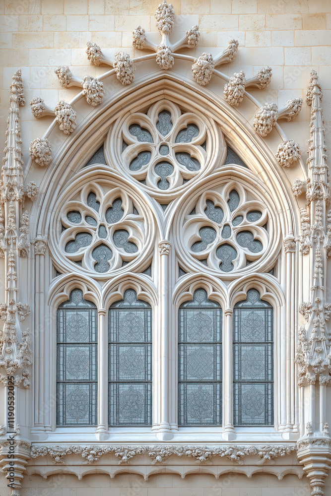 Poster a closeup image of a gothic window. intricate details. created with generative ai technology