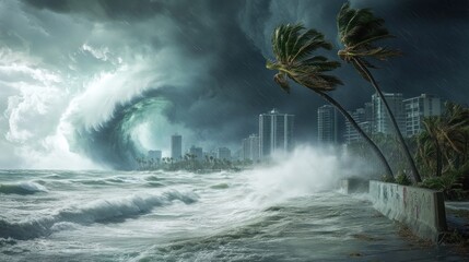 Immense wave crashing on coastal city during a violent storm.