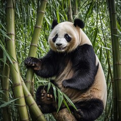 Obraz premium A panda climbing a bamboo tree.