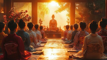 Women in kimonos meditate before a serene Buddha statue at sunset inside a temple.