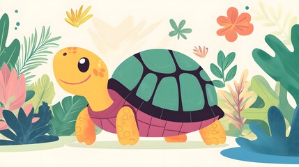 A Happy Turtle Amidst Lush Tropical Foliage
