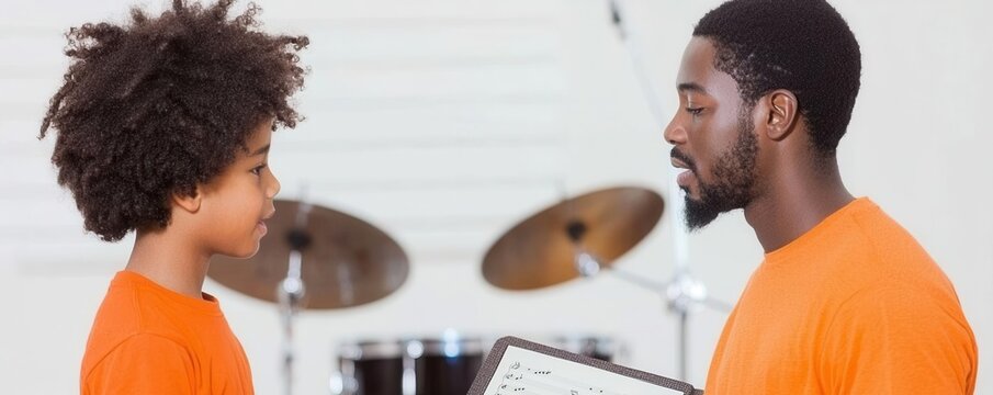 Father teaching son drumming techniques at home music lesson indoor close-up learning bonding