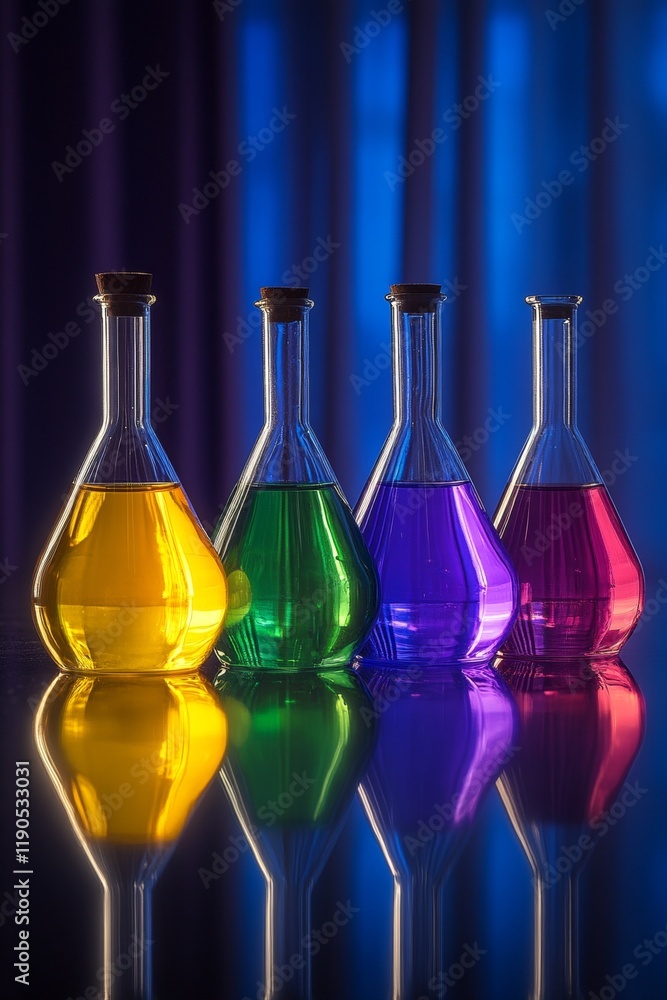 Poster four laboratory flasks with colorful solutions on a reflective surface, with copy space.