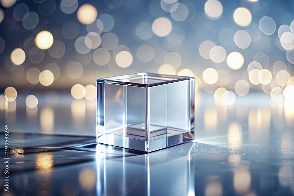 Poster crystal clear cube with bokeh shadow on white background - minimalist product photography