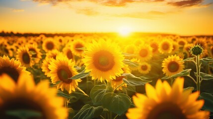 Golden Hour Glow in Sunflower Field - Serene Nature Landscape with Vibrant Yellow Flowers in Warm Sunlight