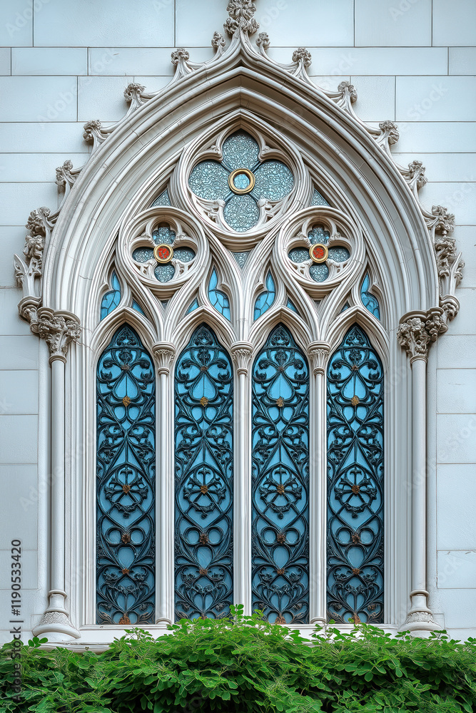 Poster a closeup image of a gothic window. intricate details. created with generative ai technology