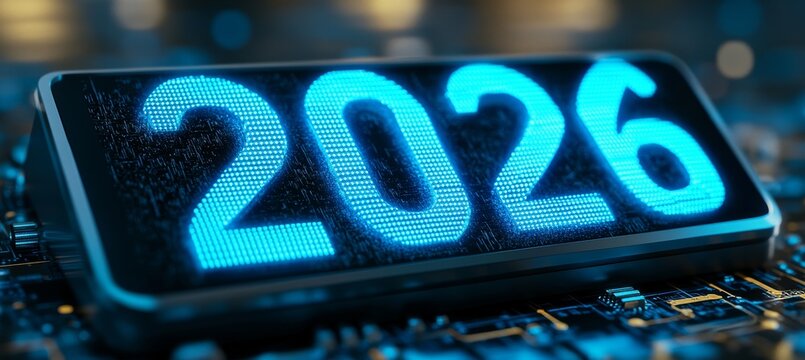 Glowing Blue 2026 Display on a Circuit Board, Representing Future Technology and Innovation