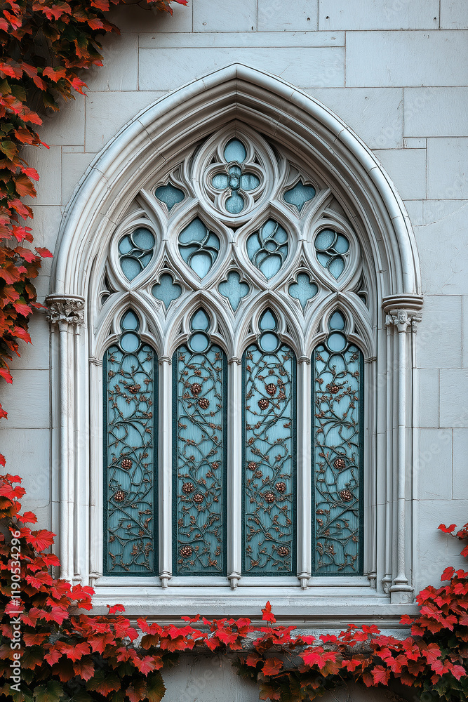 Poster a closeup image of a gothic window. intricate details. created with generative ai technology