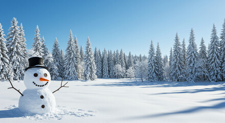 Obraz premium A joyful snowman welcomes the winter season in a picturesque snowy landscape with a distant mountain range