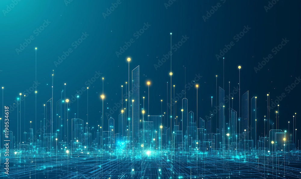 Poster digital cityscape with glowing lines and points, representing technology and innovation in a futuris