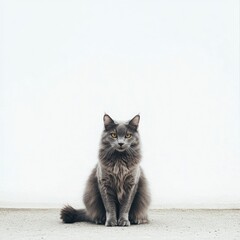 Obraz premium A gray cat sitting on the ground, white background, front view, full-body shot