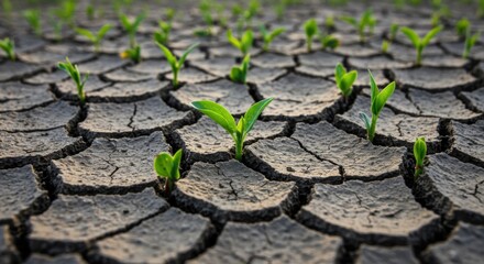 Dry cracked earth, small green sprouts emerging, barren landscape, drought conditions, new life, resilience in nature, extreme close-up, high contrast, hope in adversity, environmental photography, de