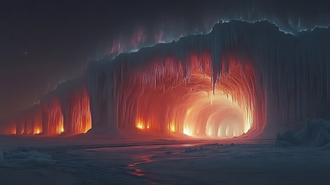 Glowing Ice Caves Illuminated By Inner Fire - Powered by Adobe