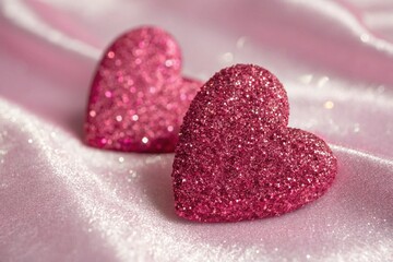Fototapeta premium Two Hearts On Pink Glitter In Shiny Background - Valentine's Day Concept