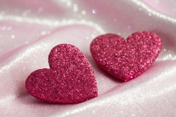 Fototapeta premium Two Hearts On Pink Glitter In Shiny Background - Valentine's Day Concept