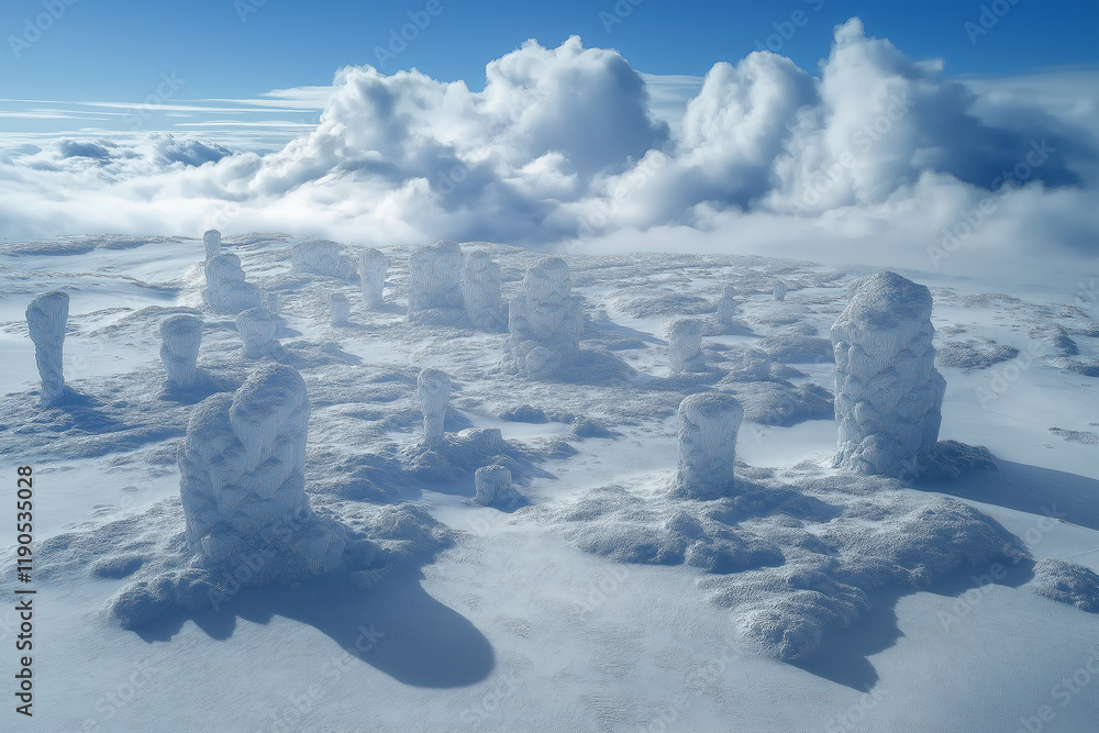 Poster a frozen tundra with intricately detailed ice formations and soft snow textures.