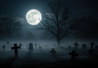 Spooky graveyard at night, full moon, silhouettes of tombstones and crosses, bare tree branches, eerie fog, misty atmosphere, dark and moody, gothic aesthetic, mystical ambiance, blue-tinted moonlight