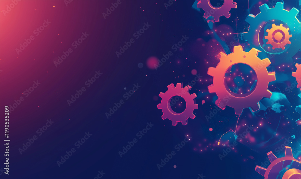 Poster digital abstract design featuring colorful gears against a dark background, symbolizing innovation a