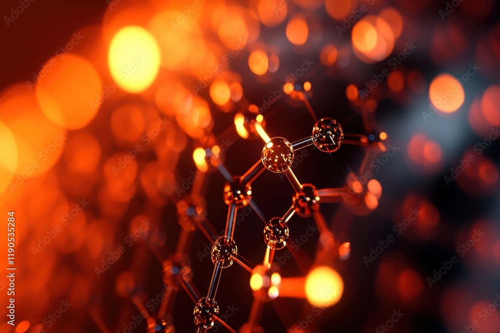 Poster molecular structure illuminated by vibrant orange and red light in abstract design