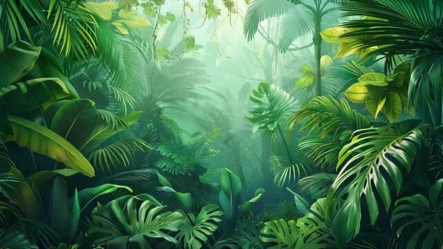 tropical jungle rain forest background with green leaf and sun light