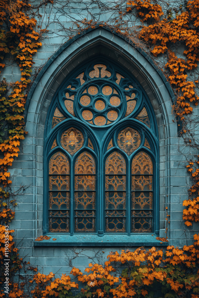 Poster a closeup image of a gothic window. intricate details. created with generative ai technology