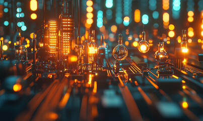 Abstract close-up of a circuit board with glowing elements, showcasing a blend of technology and vibrant illumination in a futuristic setting.