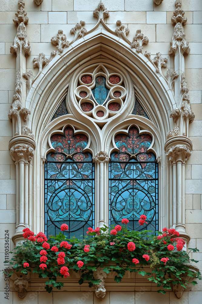 Poster a closeup image of a gothic window. intricate details. created with generative ai technology