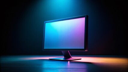 Fototapeta premium Dark Room, Blank Computer Screen, Copy Space - Panoramic Stock Photo